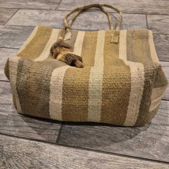 Lucky Brand Boho Striped Woven Jute Tote Bag Tassel Earth Tones Large - Picture 3 of 8